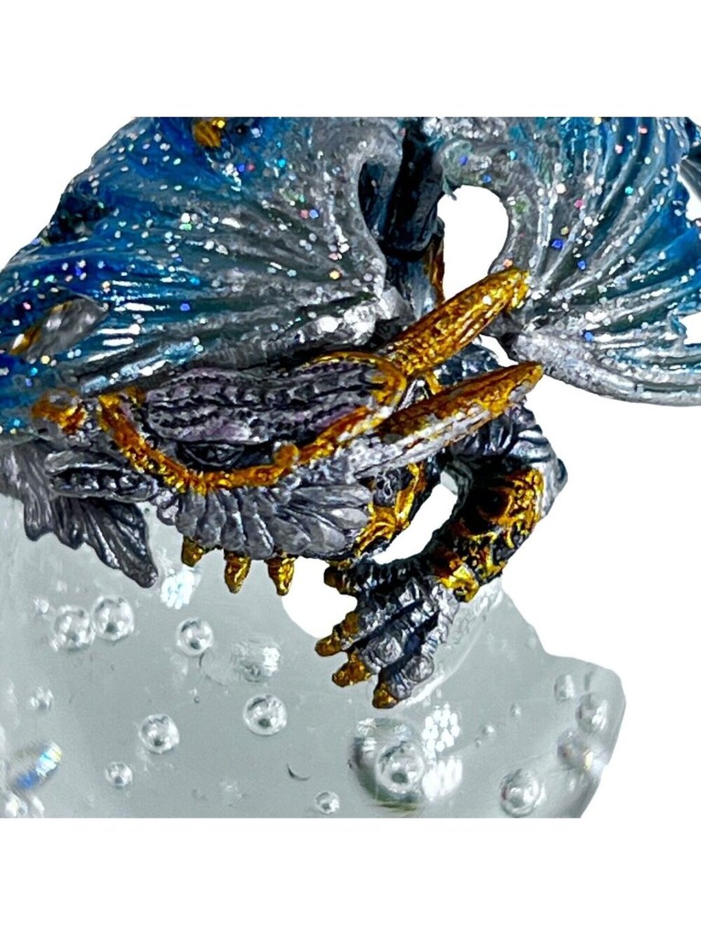 Vtg Metal Glitter Dusted Dragon on Glass Ball Paperweight Controlled Bubbles